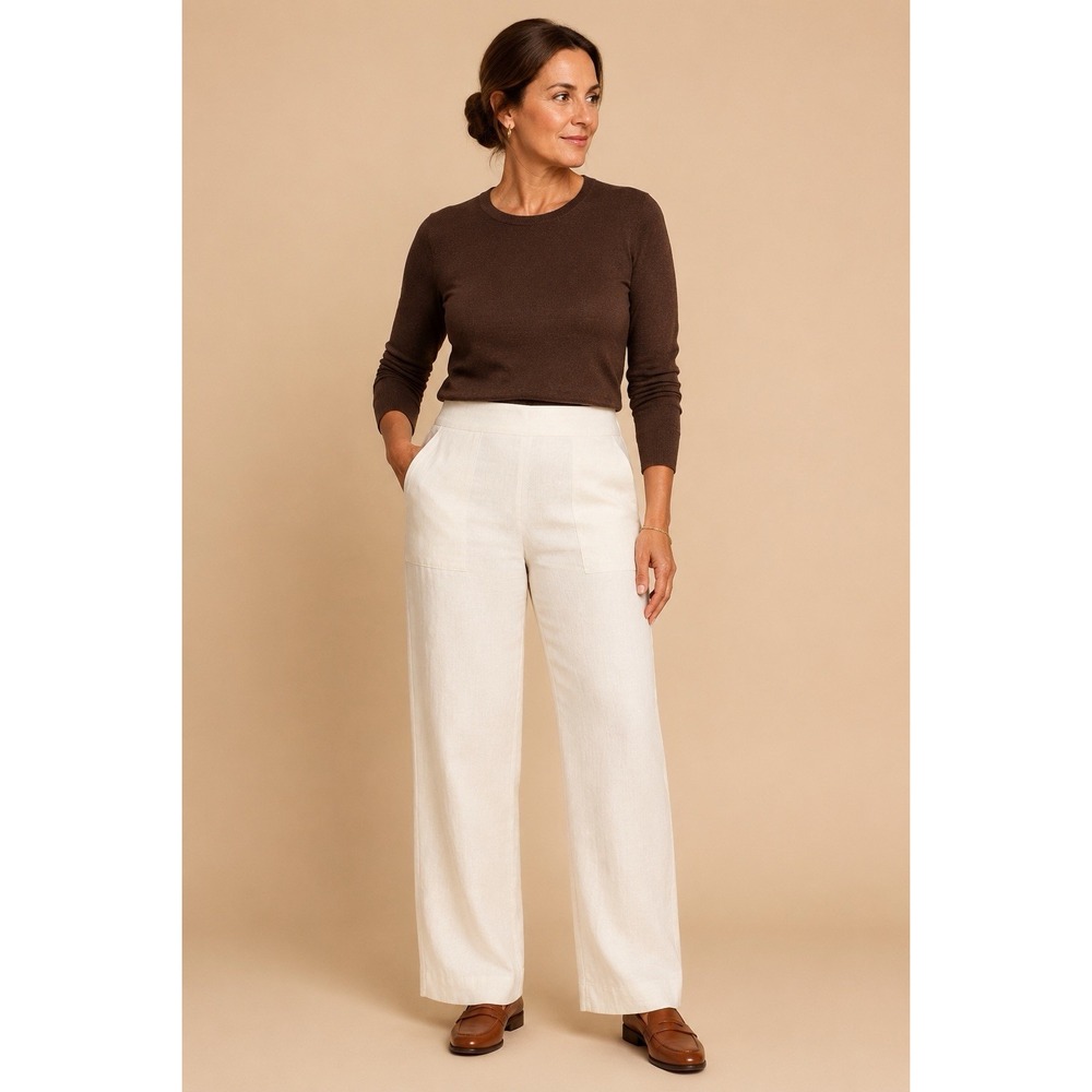 J Peterman Linen Pants Women 14 Ivory Wide Leg High Rise Made USA Pockets Lined